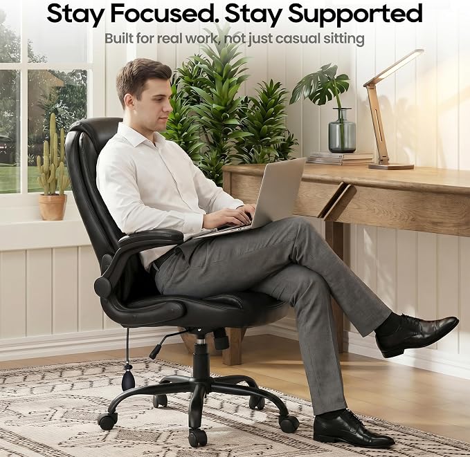 MALOL Leather Office Chair with Adjustable Lumbar Support Set of 2, Black | Computer Desk Chair with Thick Cushion, Flip-Up Arms and Ergonomic Back, Comfy Executive Office Chair for Home Office Gaming - Image 9