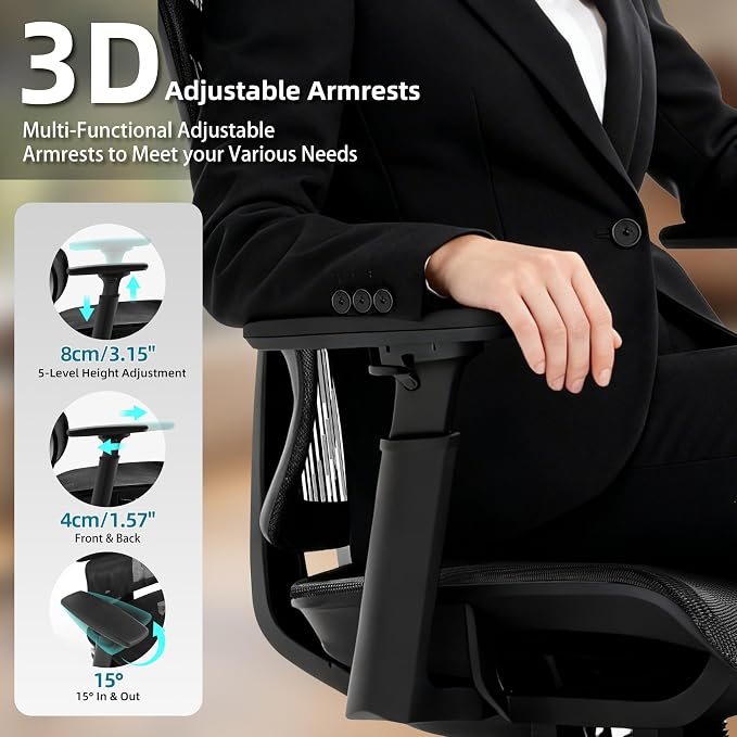 Ergonomic Office Chair with Footrest 4-Level Adjustable Lumbar Suppor | Big and Tall Office Chair t - 155° Tilt Lock and Wide Cushion - 3D Headrest & Armrests, High Back Home Desk Chair - Image 6
