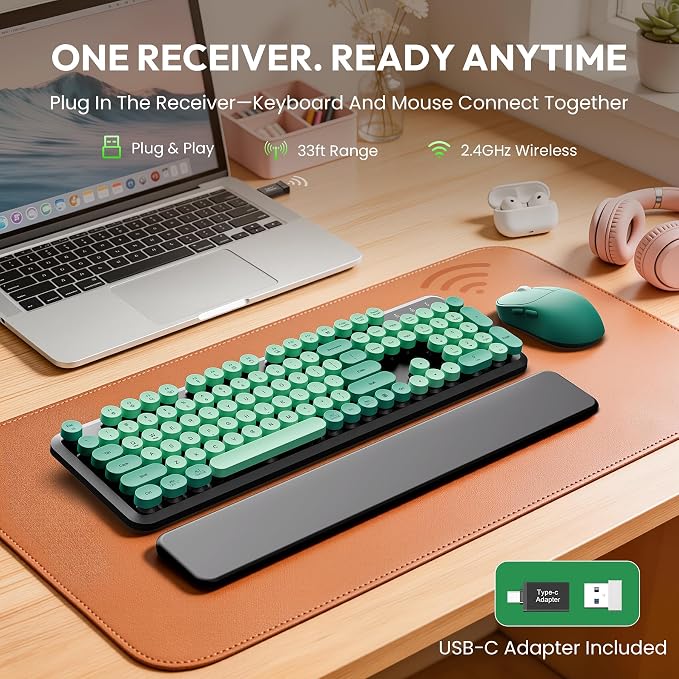 Wireless Keyboard and Mouse Combo, Cute Typewriter, Magnetic Wrist Rest | Full-Size, Round Keycaps, Smart Sleep Mode, 2.4GHz Stable Connection for Mac/Windows/PC, Office or Home, Trueque CK24 - Image 2