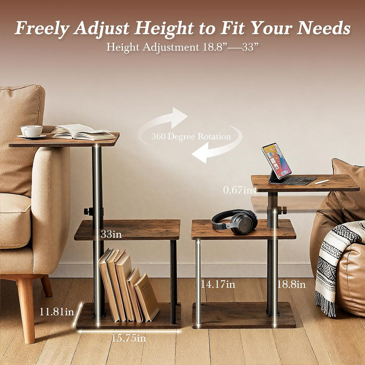 360° Swivel Side Table for Height Adjustable, C Shaped End Table for Couch with Storage, 3-Tier Night Stand with Open Shelf, Tv Tray for Small Spaces, Living Room, Bedroom, Rustic Brown - Image 2