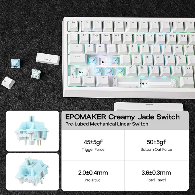 EPOMAKER G84 80% RGB Gaming Mechanical Keyboard with Shine Through Keycaps | 2.4GHz/ Type-C/BT Wireless Keyboard, VIA Programmable, Hot-Swap, Creamy Keyboard for Gamers/Office(White, Creamy Jade Switch) - Image 7