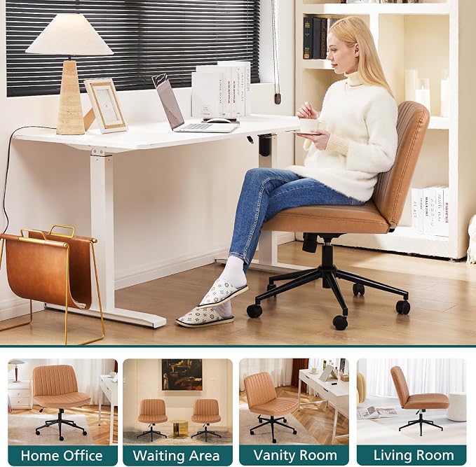 OLIXIS Criss Cross Chair with Wheels, Vanity Chair, Home Office Desk | Wide Seat Armless, Faux Leather, Height Adjustable Swivel Rolling, Home Computer Task Seating for Bedroom Study, Brown PU - Image 7