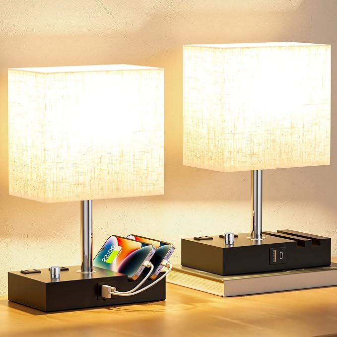 Beige Bedside Table Lamps Set of 2 - Dimmable, USB C+A, 2 AC Outlets | Dimming By Rotary Knob, USB C+A Ports, 2 Phone Stands, LED Bulbs Included, Rectangle Beige Lampshade, for Living Room, Desk - Image 6