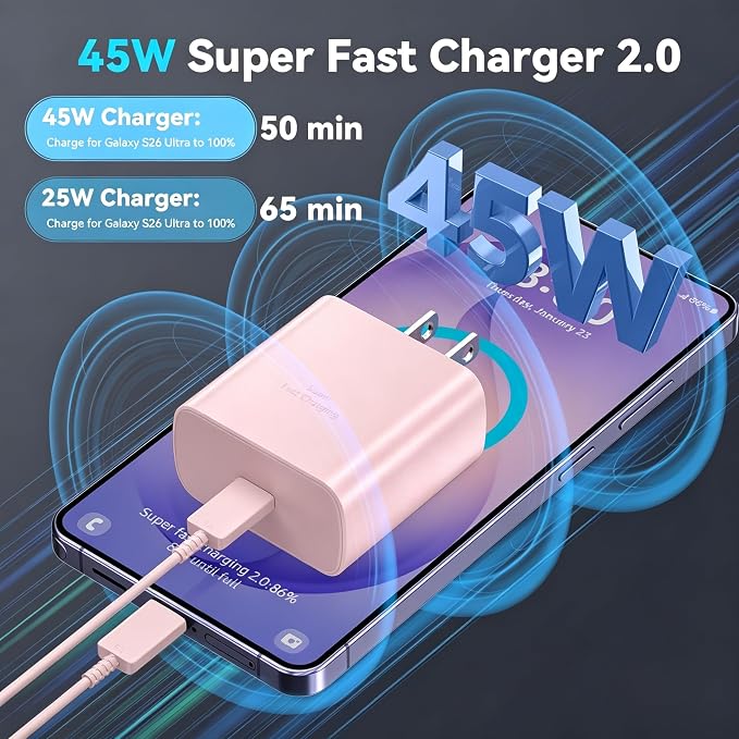 45W Super Fast Charger USB C Android Phone Type C Charger Fast Charging Block with 10FT Cord for Samsung Galaxy S26/S26 Ultra/S26+/S25 Ultra/S25/S24 Ultra/S24/S23 Ultra/S22/S21/S20/Note 10, Pink - Image 2