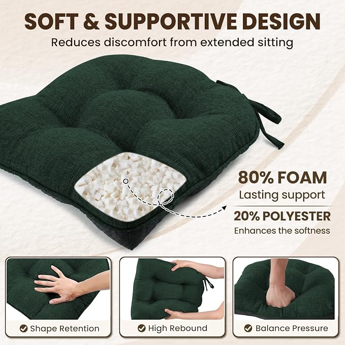 downluxe Indoor Chair Cushions for Dining Chairs, Tufted Overstuffed Textured Kitchen Chair Pads with Ties and Non-Slip Backing, 15.5" x 15.5" x 4", Dark Green, 4 Pack - Image 3