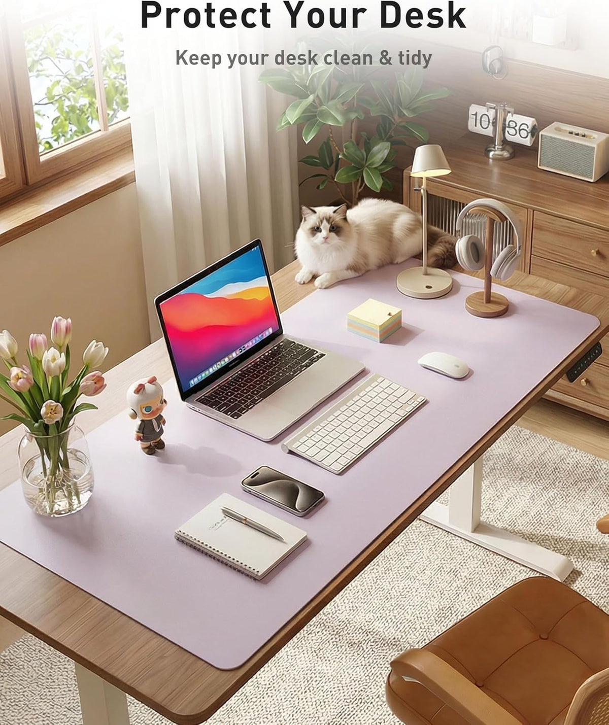 Aothia Faux Leather Desk Mat - Large Mouse Pad, Non-Slip PU Leather Blotter, Waterproof Writing Surface for Office and Home (Soft Lavender, 63" x 17") - Image 3