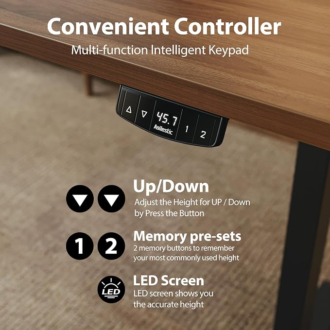 Agilestic Electric Height Adjustable Standing Desk, 63 Inch, Dark Walnut | Smooth Height Adjustment, Memory Presets, Hooks, Stable Steel Frame,154 lbs Capacity, Easy Assembly, Splice Board - Image 8