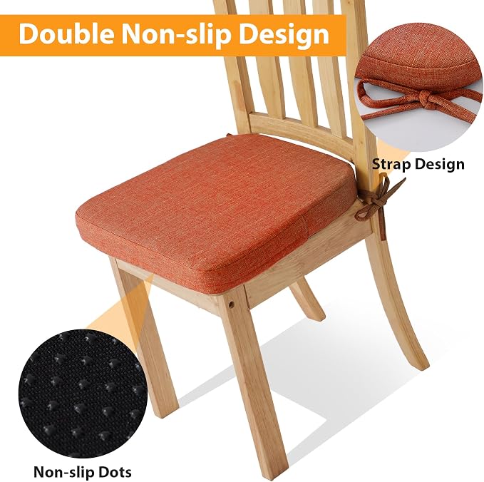 Ruqmuis Chair Cushions for Dining Chairs, 2" Thick Seat Cushions for Kitchen Chairs, D-Shaped Chair Pads with Washable Cover, Ties and Non Slip Backing, 17'' x 16'', Set of 4, Orange - Image 3