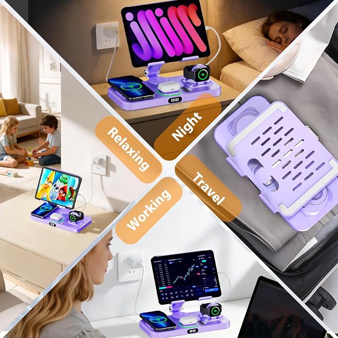 Wireless Charging Station for Apple Devices, Only for Apple Watch Charging | Included Type-C Cable for Tablet Charging, Foldable Wireless Charging Station, 7 Cycling Ambient Lights, Time Clock Display - Image 5