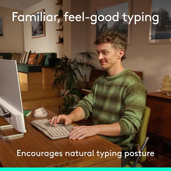 Logitech Wave Keys Wireless Ergonomic Keyboard with Cushioned Palm - Sand | Cushioned palm rest, comfortable natural typing, Easy-Switch, Logi Bolt receiver included, for Multi-OS, Windows/Mac - Image 3