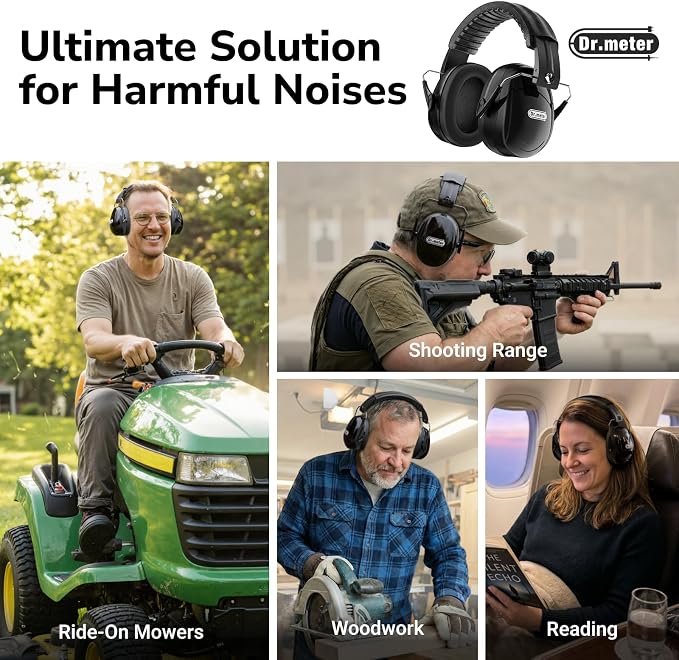 Dr.meter Hearing Protection Ear Muffs, 31dB Noise Reduction Safety Earmuffs with Adjustable Headband for Adults Kids Autism Sensory, Ear Muff for Yard Work, Mowing or Hunting -Pure Black 2PACK - Image 4