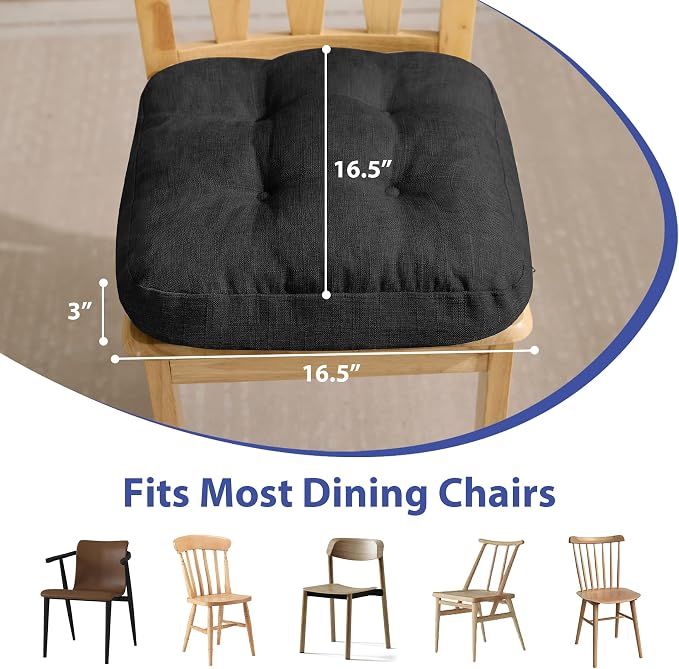 IASEAHK Chair Cushions, Foam Dining Chair Cushions, Tufted Indoor Chair Pads,16.5” x 16.5” x 3.5”, Set of 4, Black - Image 3