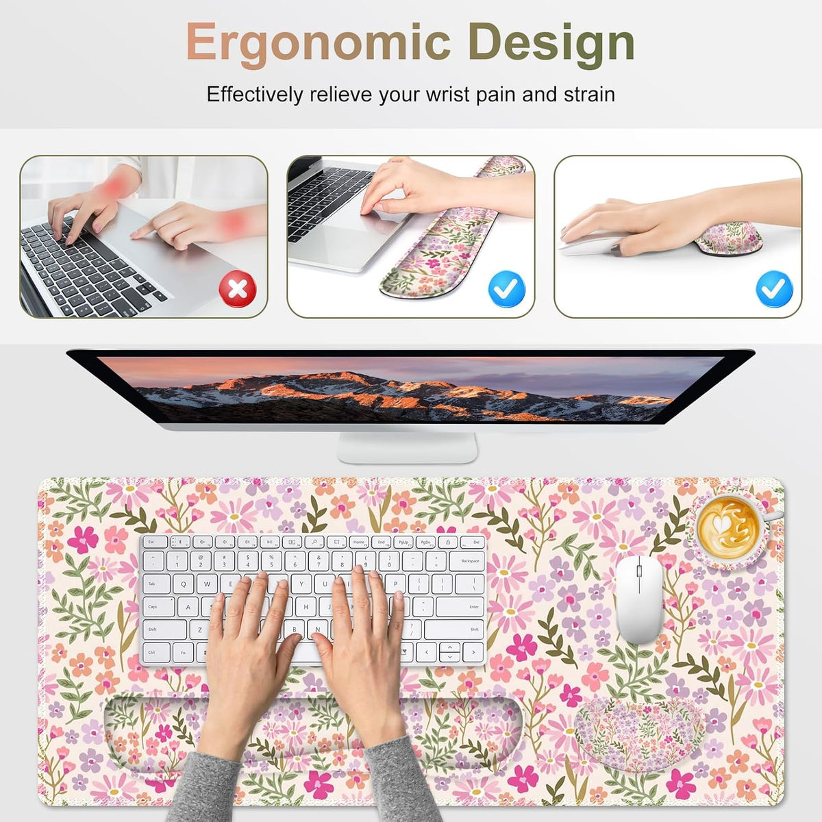 Large Gaming Mouse Pad Set, Ergonomics Keyboard Desk Mat with Memory Foam Wrist Rest, Computer PC Extended Game Mousepad, Non-Slip Desk Matt Easy Typing Pain Relief I Artistic Colroful Flowers - Image 5
