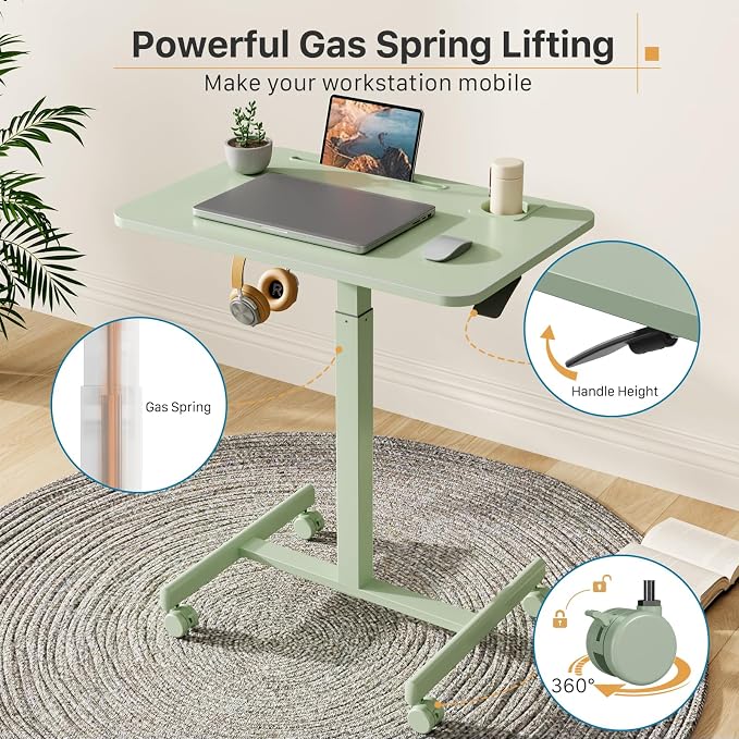 28” Rolling Standing Desk Height Adjustable with 4 Lockable Wheels | Small Mobile Laptop Stand Up Cart with Cup Holder, Portable Teacher Computer Workstation with Hook and Slots, Green - Image 6
