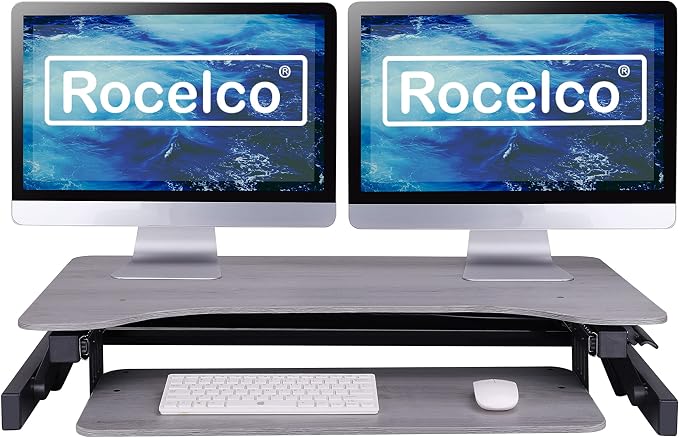 Rocelco 37.5" Height Adjustable Standing Desk Converter with Dual Monitor Mount and Slide Out Retractable Keyboard Tray - Sit Stand Up Double Screen Tabletop Riser Workstation - Gray (R DADRG-DM2) - Image 5