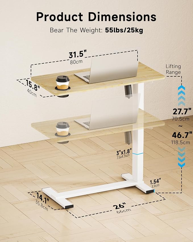 BIZUM Small Electric Standing Desk Bedside Table with Hidden Wheels 31.5 x 15.8 Inch Adjustable Computer Laptop Office Desk, Maple - Image 3