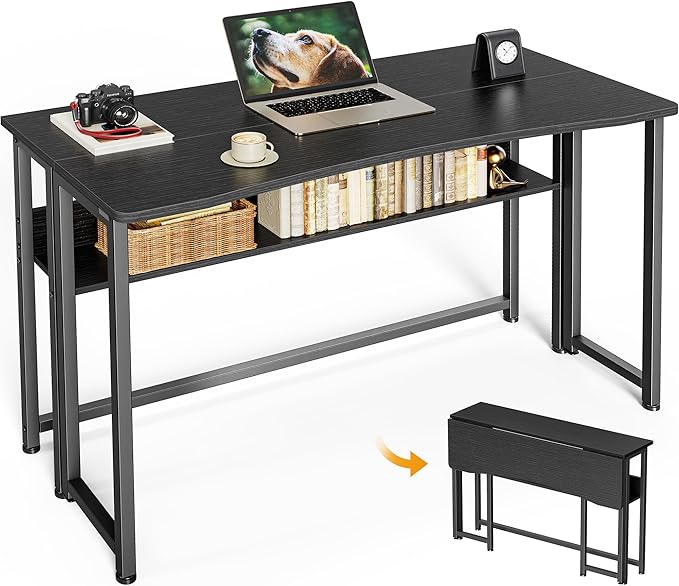Huuger Folding Desk with Storage Shelf, 39.3 Inch Foldable Computer Table | Writing Work Office Computer Desk for Small Spaces, Space Saving Sofa Table for Couch, Easy to Fold, Black by Huuger