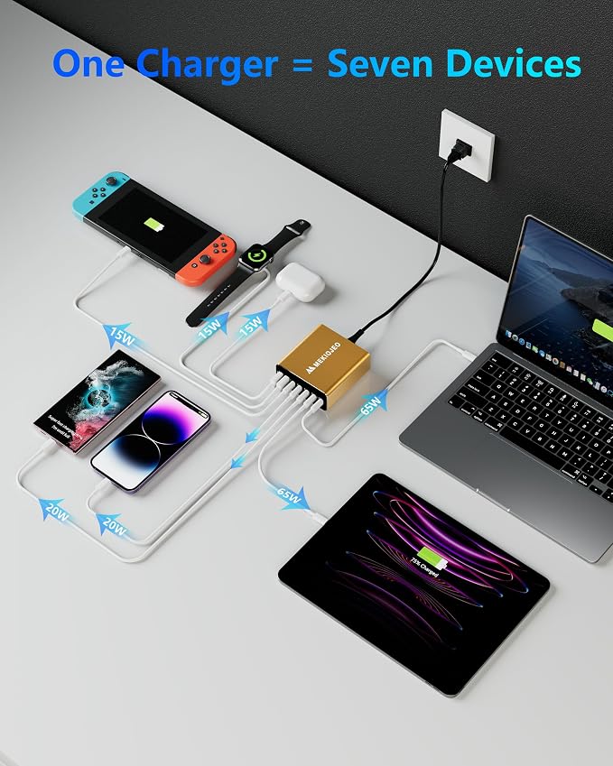 MEKIOJEO Aluminum Alloy 260W USB C Charger GaN Fast USB C Charging Station | 7 Ports 65W Laptop Charger for MacBook Pro/Air/iPad Pro/iPhone - Image 5
