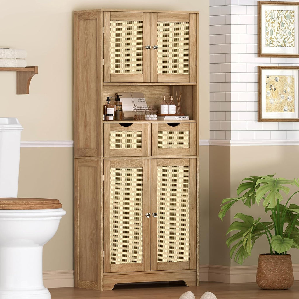 57.8" H Tall Storage Cabinet with 2 Drawers & 2 Adjustable Shelves, Rattan Cabinets with 4 Doors, Cupboard, Kitchen Cabinets, Pantry Cabinet, Tall Cabinet for Living Room, Entryway, Natural - Image 6