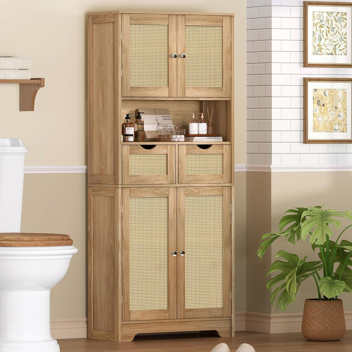 57.8" H Tall Storage Cabinet with 2 Drawers & 2 Adjustable Shelves, Rattan Cabinets with 4 Doors, Cupboard, Kitchen Cabinets, Pantry Cabinet, Tall Cabinet for Living Room, Entryway, Natural - Image 6