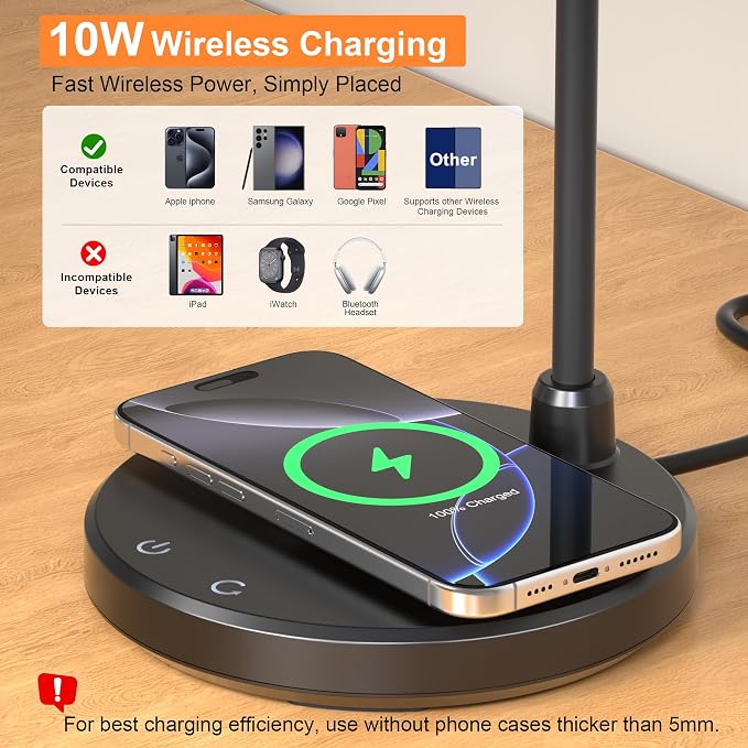 LED Desk Lamp for Home Office with Wireless Charger, Black | 3 Color Modes Dimmable Eye-Caring Study Reading Dorm Desk Lamp, 360° Flexible Arm Table Lamp for College Dorm Room, 800 Lumen - Image 2