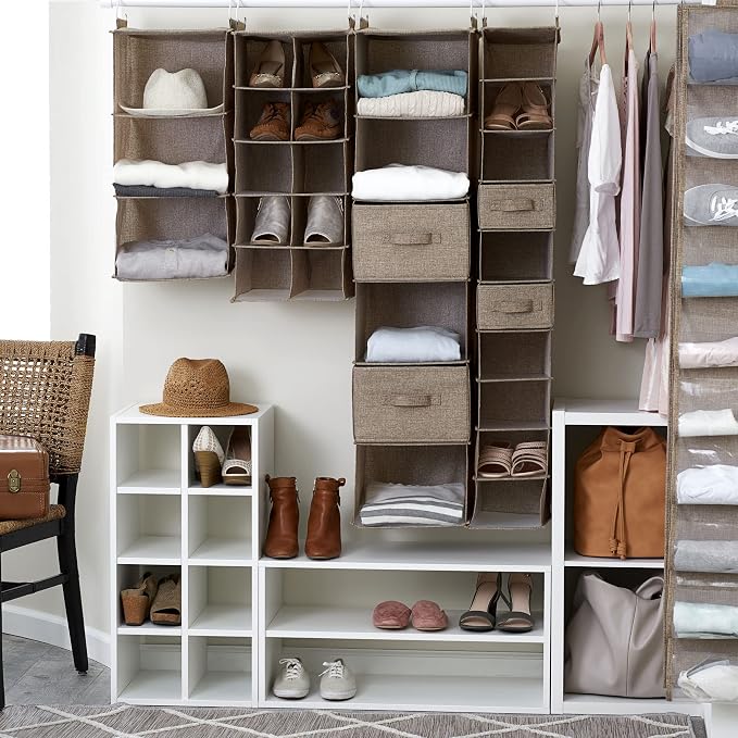 Household Essentials 10‑Pocket Hanging Shoe Organizer with Side‑by‑Side Canvas Storage and 2 Hooks for Support, Beige - Image 4