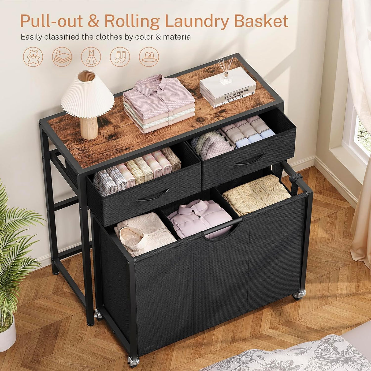 Laundry Sorter 3 Section with Tabletop & 2 Drawers, Rolling Laundry Hamper with Pull-Out and Removable Bags, Laundry Basket Organizer with Wheels and Shelf, Metal Frame Rustic Brown for Laundry Room - Image 6