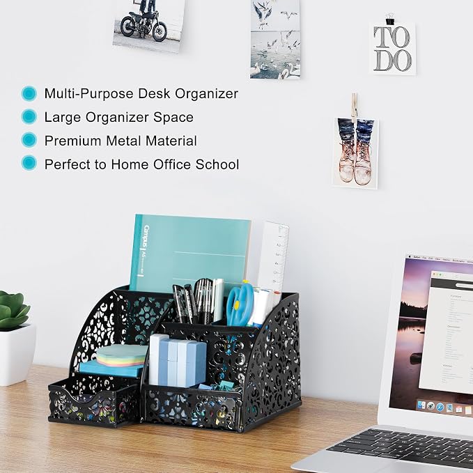 EasyPAG Desk Organizer and Pen Holder for Desk, Mesh Office Supplies Storage Caddy with Drawer for Small Space, Desktop Organizer for Home Office, Black - Image 3