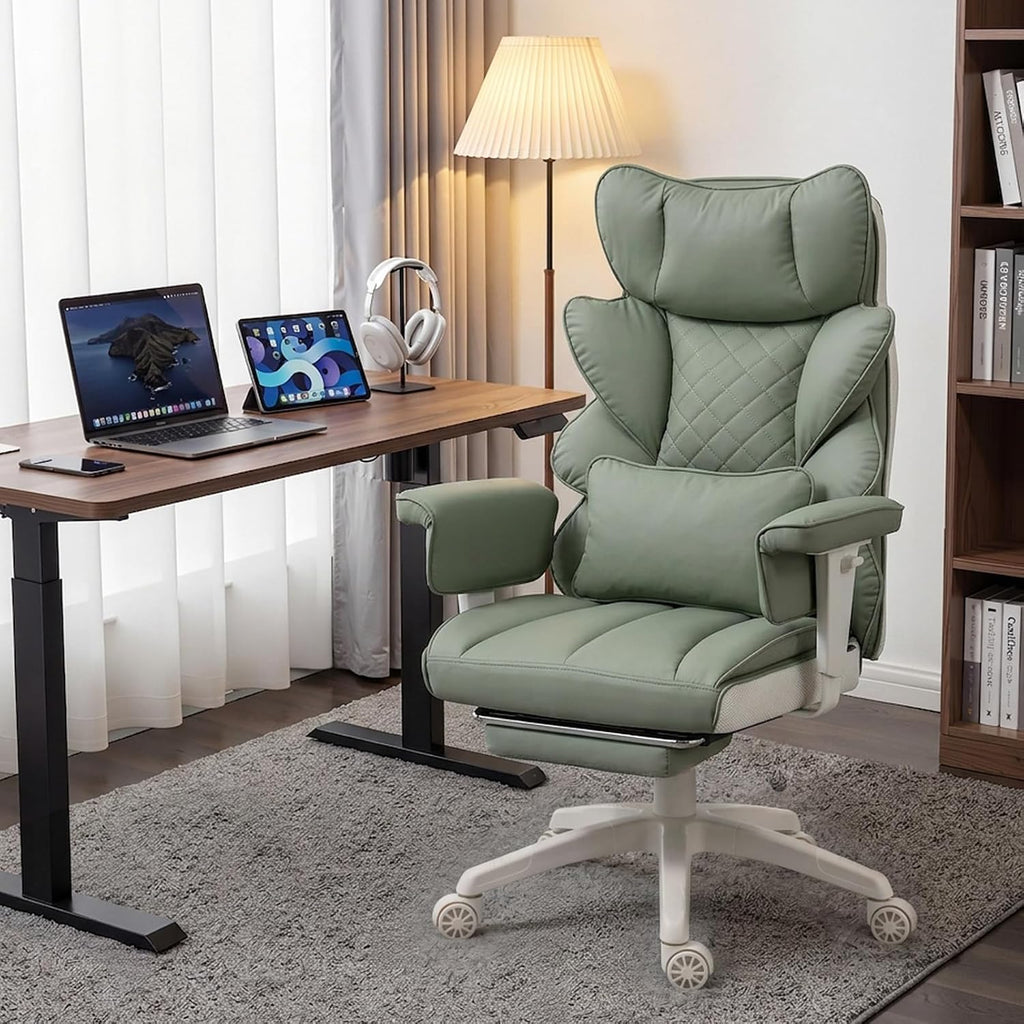 Dowinx Big and Tall Office Chair with Pocket Spring Cushion,High Back Computer Gaming Chairs with Adjustable Armrests,Executive Desk Chairs with Lumbar Support and Footrest,PU-Green - Image 2