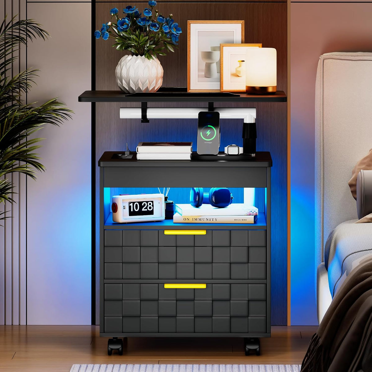 Rolling Nightstand with Wheels, LED Lights, Charging Station - Image 8