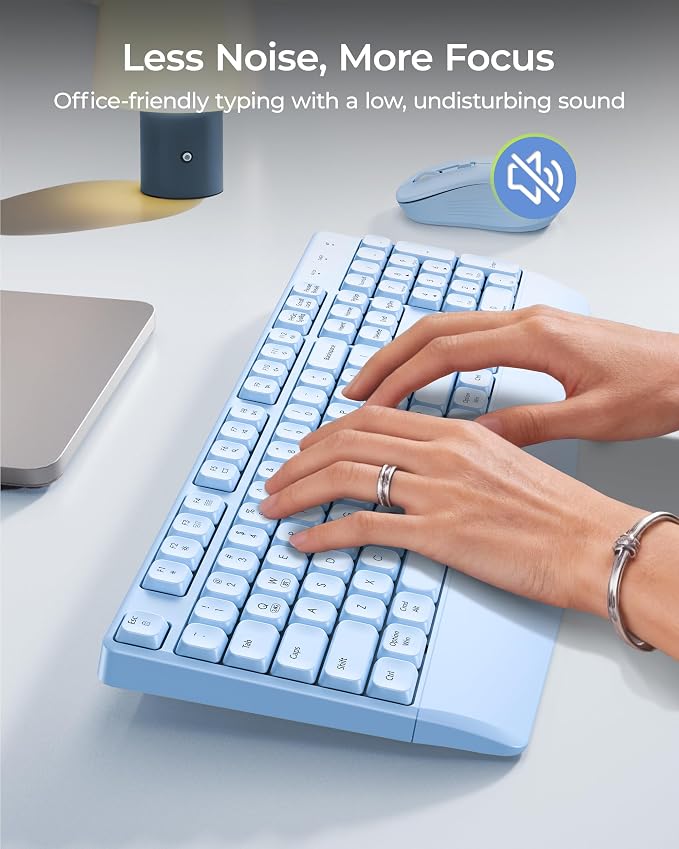 seenda Wireless Bluetooth Ergonomic Keyboard Mouse Combo, Full Size, Blue | USB/Bluetooth multi-device switching, with wrist rest, number pad, and quiet operation for PC, laptop, Mac, MacBook, and iPad - Image 5