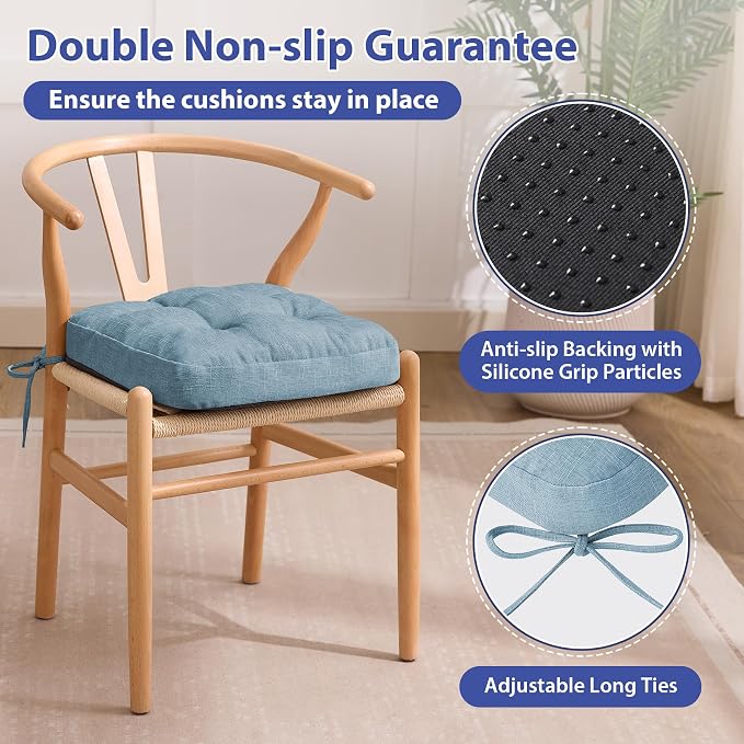 IASEAHK Chair Cushions for Dining Chairs, Dining Chair Cushions, Tufted Indoor Chair Pads with Ties & Non Slip Backing, Seat Cushions for Kitchen Chairs 16.5” x 16.5” x 3.5”, Set of 4, Light Blue - Image 4