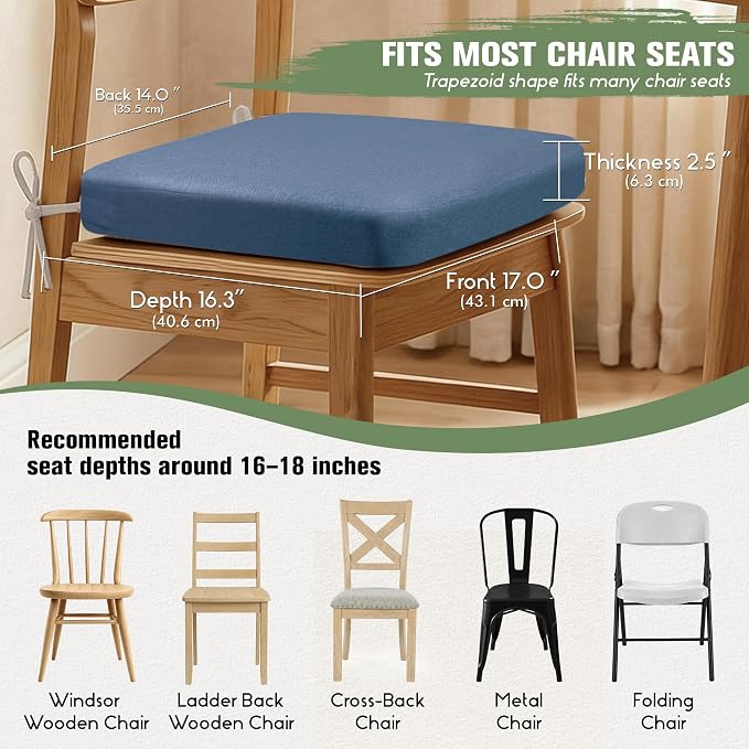 kingphenix Chair Cushions for Dining Chairs, Set of 6, 2.5 Inches Thick | High-Density Foam Kitchen Chair Cushions with Ties, Non-Slip Bottom and Removable Machine-Washable Covers, Navy Blue - Image 5