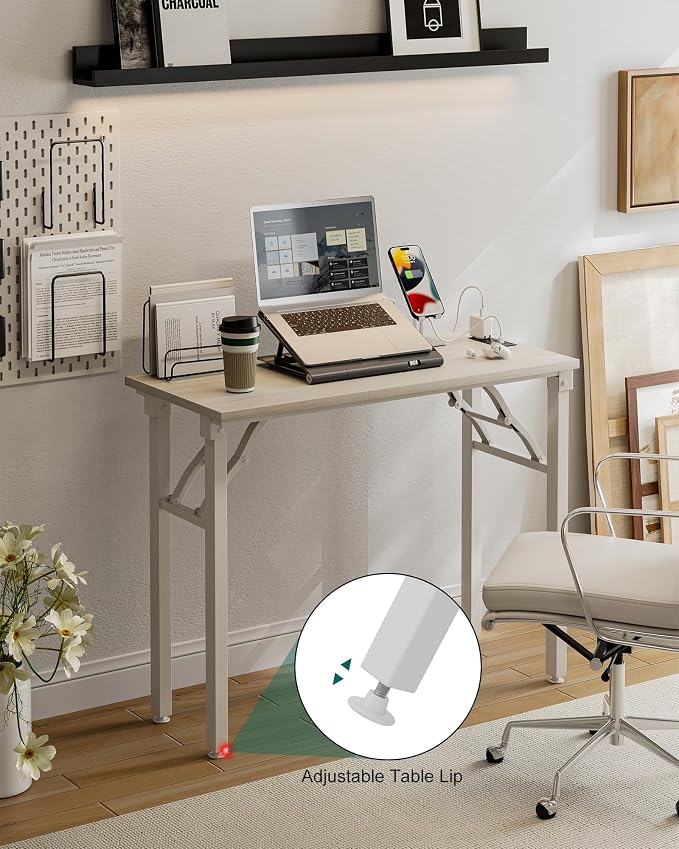 Small Folding Computer Desk – 35.8 Inch Portable Table for Craft and Study, Lightweight Desk for Small Spaces, Foldable Laptop Table Built-in AC/USB Outlets for Convenience, White Ash - Image 7