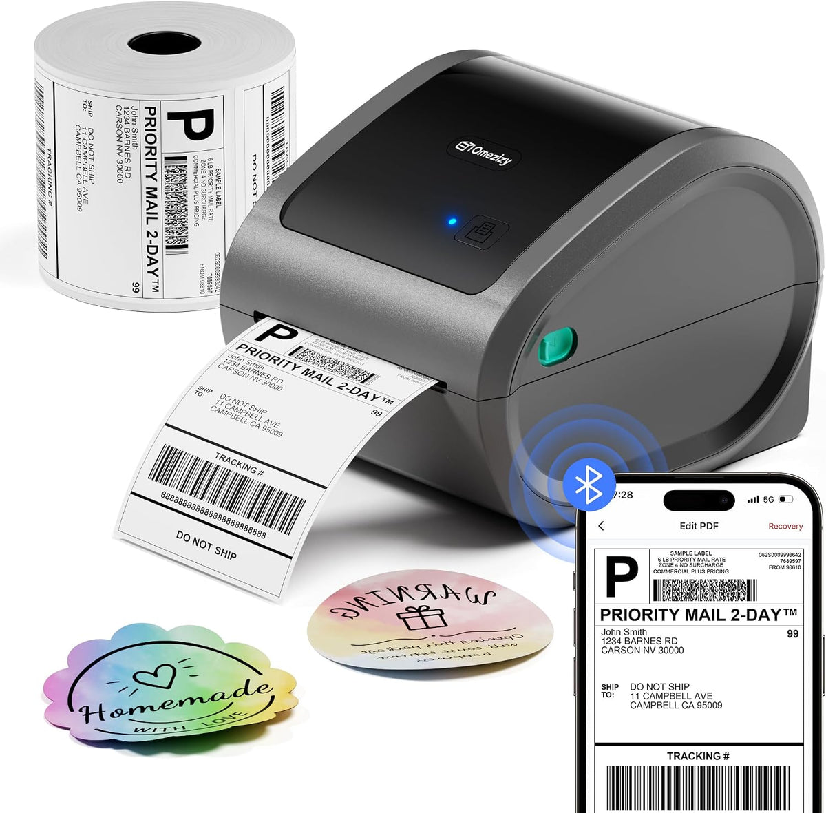 Bluetooth Shipping Label Printer with 500pcs Labels by Omezizy