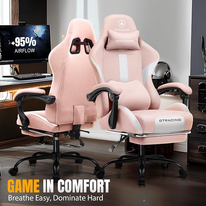 GTPLAYER Gaming Chair with Foot Rest & Pocket Spring Cushion, Ergonomic High Back Computer Desk Chair with Headrest & Lumbar Support for Back Pain Relief, Breathable Fabric, Pink - Image 3