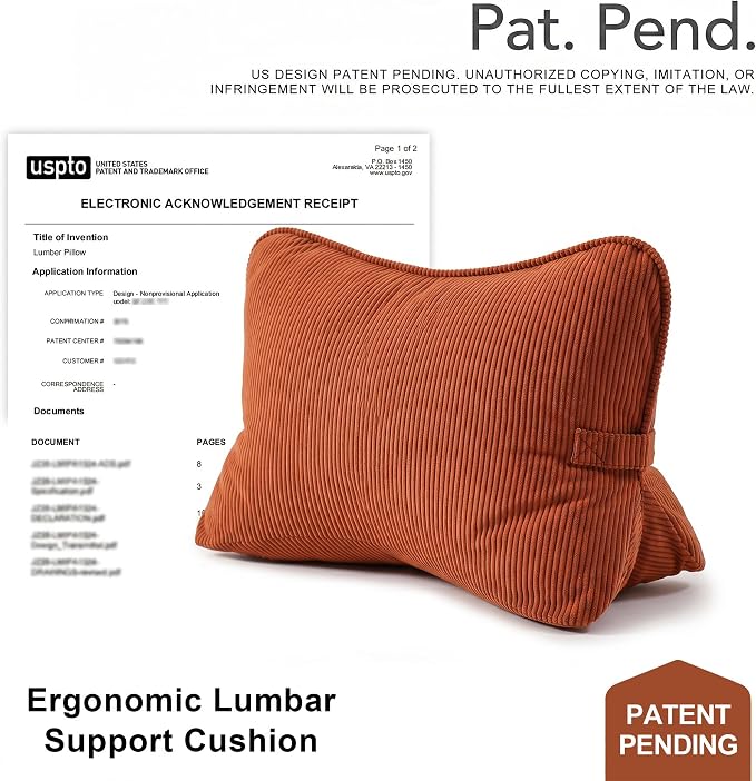 Pat. Pend. Corduroy Back Support Pillow for Bed Sitting and Headboard Support, Lumbar Cushion for Relaxing and Watching TV, Triangle Backrest Pillow, Brick Red - Image 2