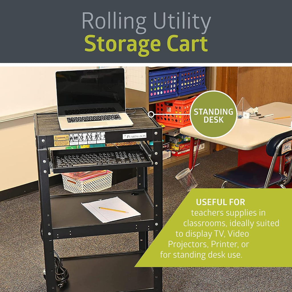 Pearington AV Presentation Cart Stand for Video Projector, TV, Laptop Computers, Printers, Metal Construction Rolling Storage Cart with Adjustable Shelves, 4 Wheels, 4 Outlets, 12ft Cord, Black - Image 3