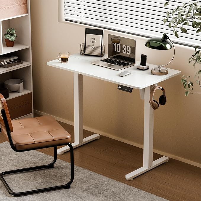 35" Electric Standing Desk, Small Sit Stand up Desk, White | Height Adjustable Computer Desk for Home Office, Compact Work & Gaming Desk with Cable Management and Stable Steel Frame - Image 2