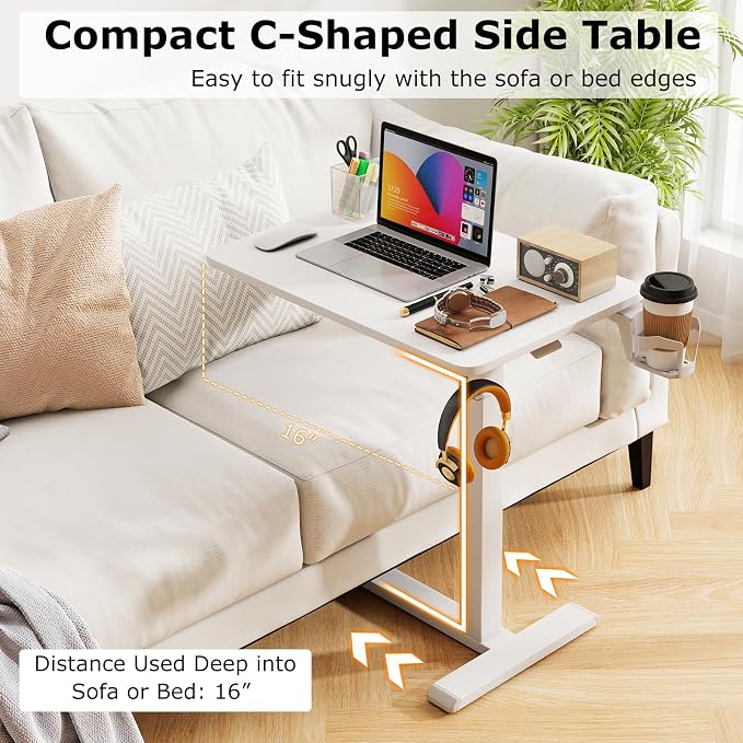 Tangkula Mobile Standing Desk, Pneumatic Height Adjustable Rolling Desk with Cup Holder & Headphone Hook, Overbed Table with Hidden Wheels, Laptop Computer Cart for Couch, Home, Office (White) - Image 5