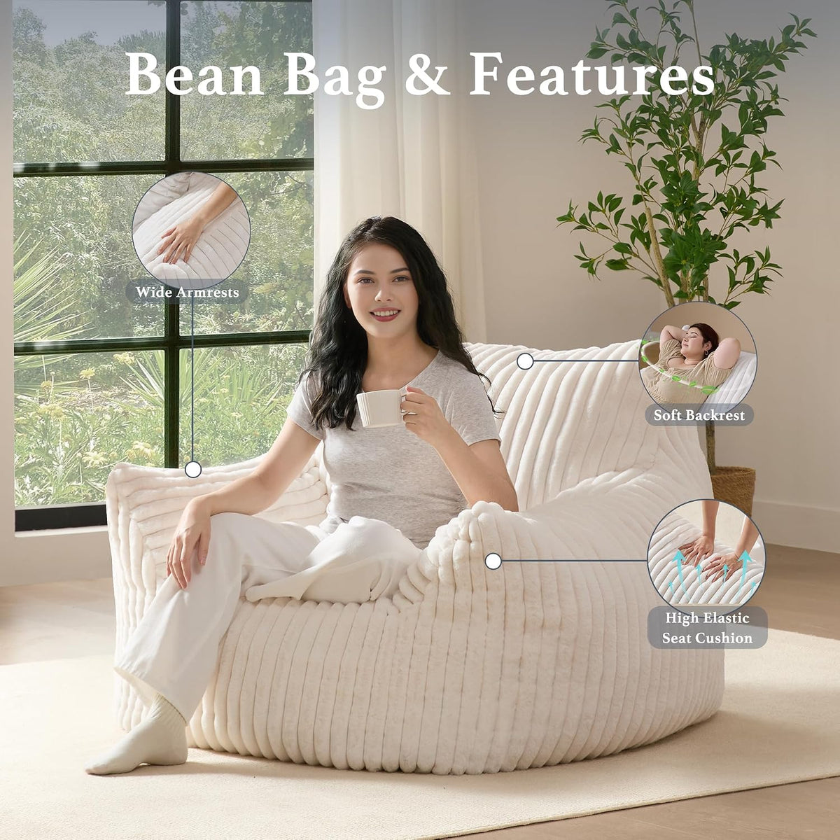 Giant Plush Bean Bag Chair for Adults with Armrests - Oversized Comfy Beige Beanbag Lounge Lazy Floor Sofa Accent Chair for Living Room, Bedroom & Dorm, Cozy Fluffy Single Cloud Mini Couch - Image 4