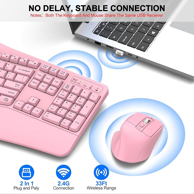 Wireless Keyboard and Mouse Combo, 2.4G Full Size Wave Keys Ergonomic Keyboard with Wrist Rest and 3-Level DPI Adjustable Wireless Ergonomic Mouse for Windows, Mac OS Desktop/Laptop/PC(Pink) - Image 5