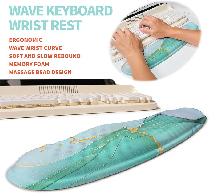 2-in-1 Ergonomic Set, Wave Rise Keyboard Wrist Rest and Massage Bulge Slope Mouse Pad Wrist Support, Cushion Memory Foam Integrated to Relieve Wrist Pain, Blue Gold Marble - Image 2