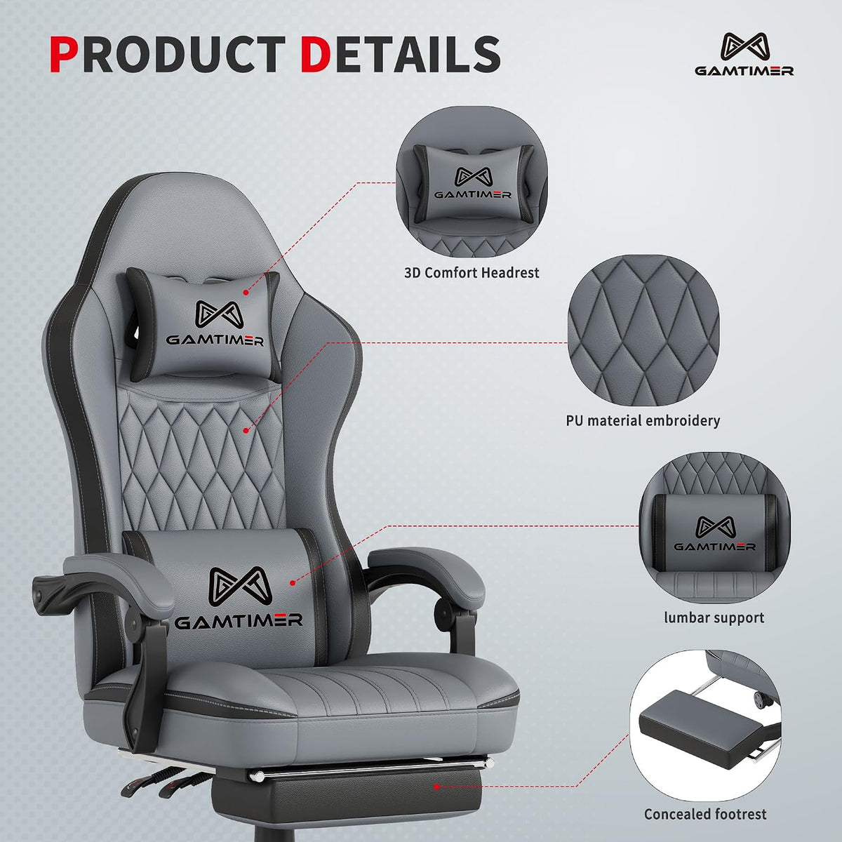 Gaming Chair, Computer Office Chair with Pocket Spring Cushion, 400 LBS Weight Capacity, Breathable PU, Headrest & Lumbar Support, for Silla Gamer Adults,Black（Grey） - Image 4
