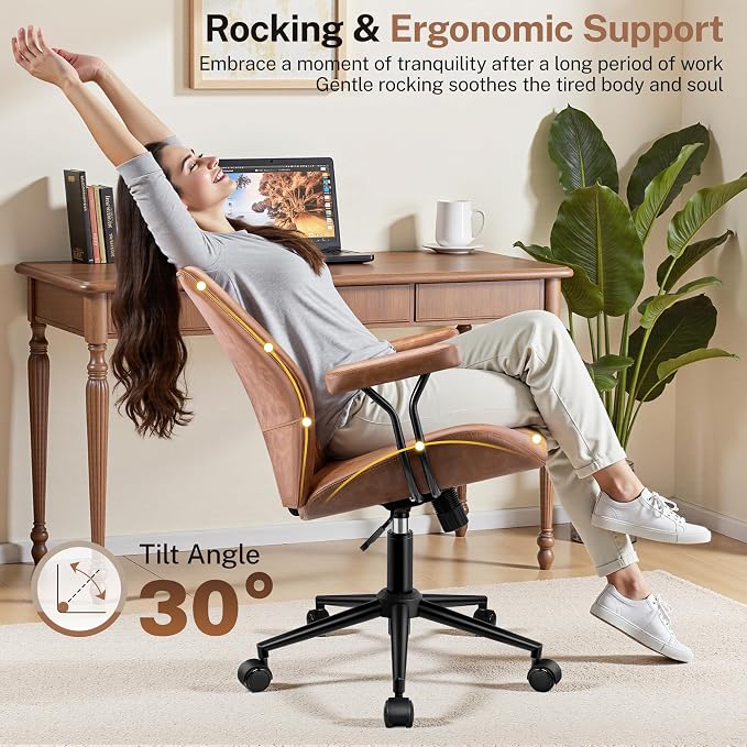 HeroSet Leather Office Chair with Removable Armrests, Mid Back Ergonomic Desk Chair with Lumbar Support, Adjustable Height Rocking Swivel Executive Chair for Home Office, Brown - Image 5
