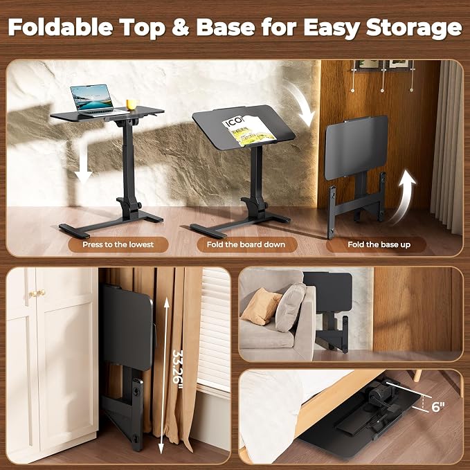 JOY worker Foldable Rolling Standing Desk, 180° Tilt Overbed Bedside Table | Height Adjustable, 31.5" Black MDF Top with Lips, Collapsible Top & Base for Storage, Poratble Mobile Desk for Home Hospital - Image 5