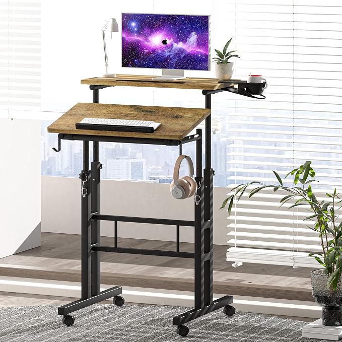 Klvied Small Standing Desk with Cup Holder, Height Adjustable Mobile Laptop Stand on Wheels, Ergonomic Rolling Computer Workstation for Home Office, Portable Overbed Table for Couch & Bed, Oak - Image 9