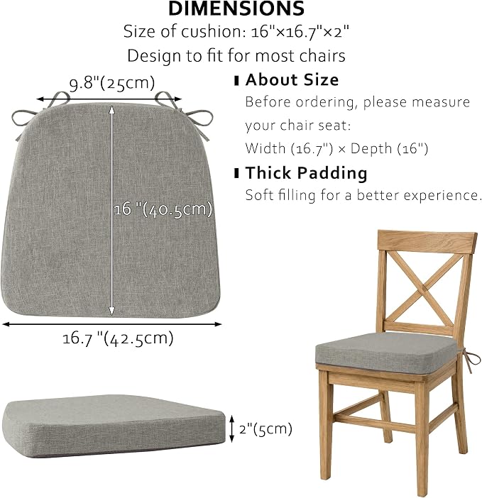 ELFJOY Non-Slip Chair Cushions for Dining Chairs Light Grey 16.7"x16" | 4 Pack, with Ties and Washable Cover, U Shape, Breathable Fabric, for Kitchen Dining Office Folding Chairs，Comfortable - Image 2