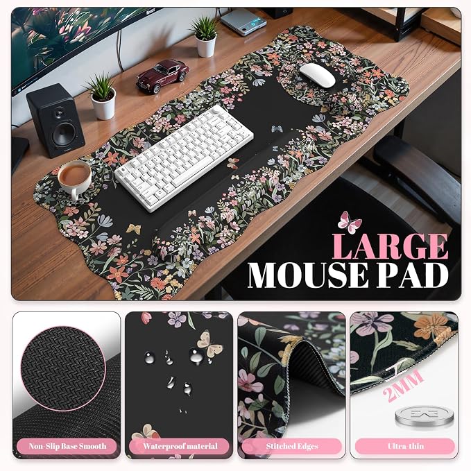 iCasso Black 4in1 Mousepad, 35.4"x15.7" Desk Blotter for Classroom | Workspace Ergonomic Desk Pad Featuring Keyboard Wrist Rest, Girly Mousepad Set for Students Travel Home Office - Image 2