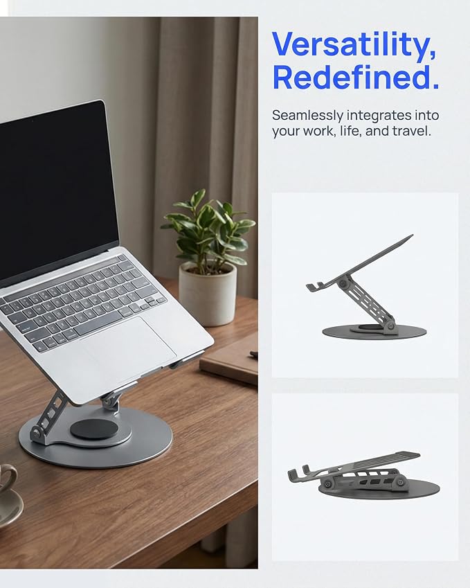Compatible 360° Rotating Adjustable Laptop Stand, Fully Foldable Dual Rotary Shaft Laptop Riser Portable Standing Desk, Fits MacBook & All 10-15 Inch Laptops - Grey - Image 4